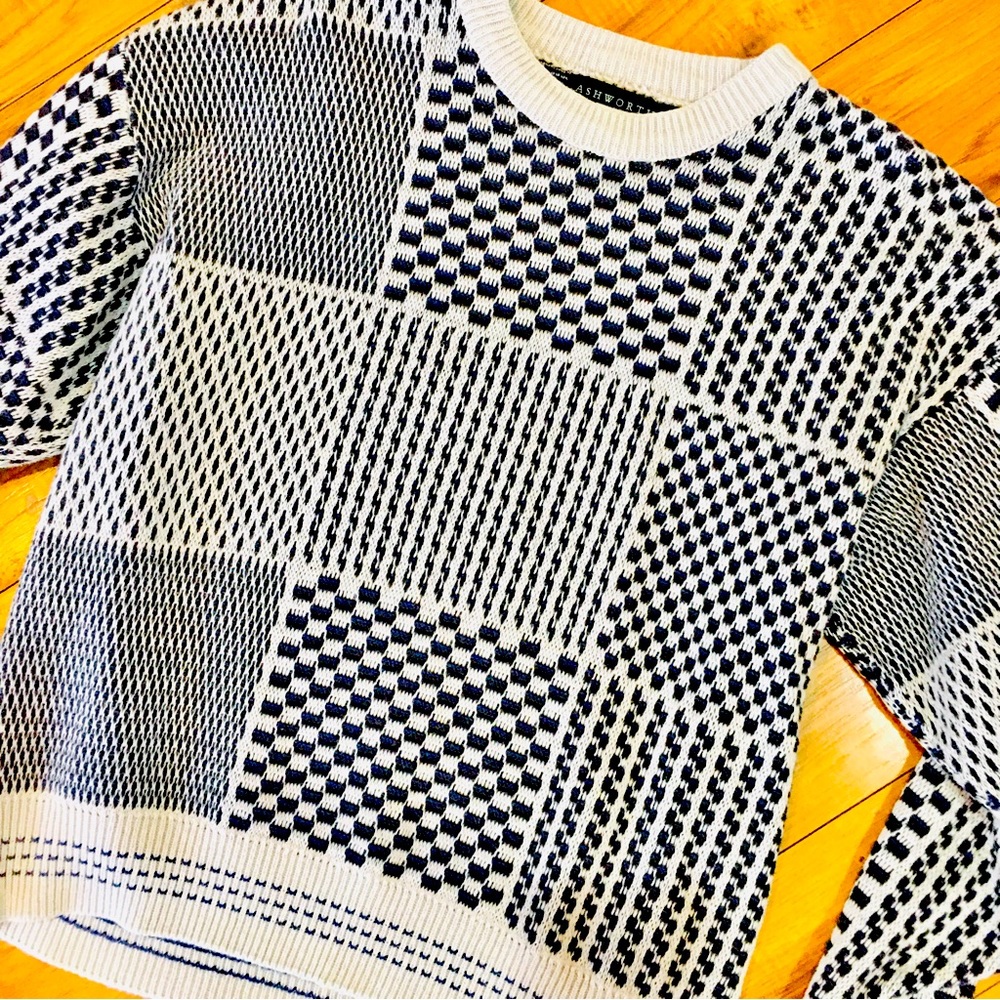 Ashworth grandpa sweater medium blue ivory tan multi color print baggy r…